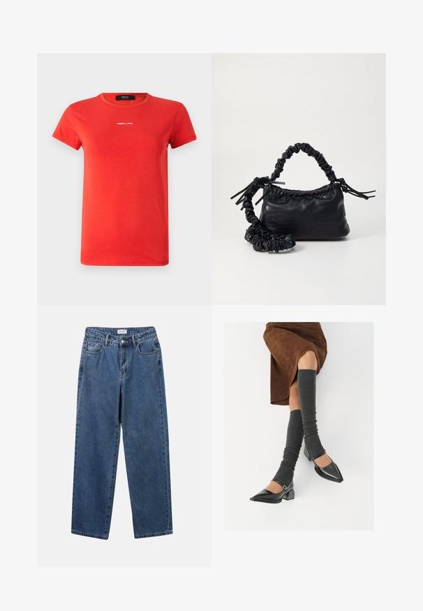 Replay LOGO - T-shirt basic - red; Klassieke blauwe denim jeans met een rechte pijp, vijf zakken en een knoopsluiting. Heeft een middelgrote wasbeurt en stevige textuur.; Zwarte gepatineerde leren pumps met een puntige neus, een blokhak en een enkelbandje, gecombineerd met grijze geribde beenwarmers en een bruine suède rok.; Zwarte nepleer handtas met een krokodillenstructuur, opgedroogde bovenkant en een gekreukte hengsel. Het lijkt zacht en compact van ontwerp.