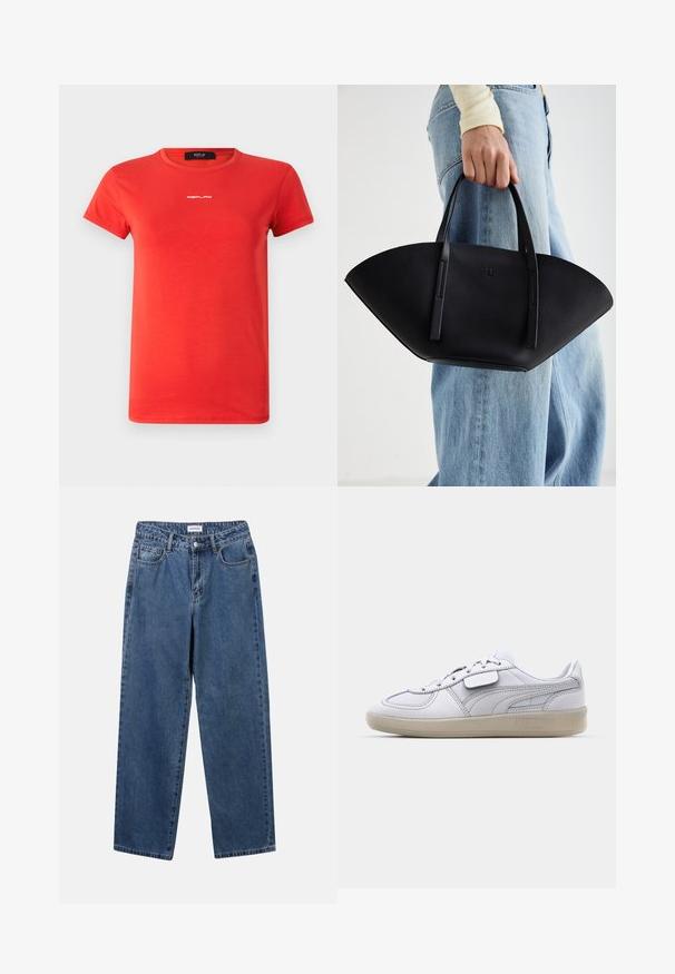 Replay - T-shirt basic; Klasyczne niebieskie dżinsy o prostym kroju, pięć kieszeni i zapięcie na guzik. Charakteryzują się średnim odcieniem i solidną teksturą.; Białe skórzane trampki z szarymi akcentami, sznurowane, z teksturowaną gumową podeszwą. Posiadają wyrazisty logo na boku.; Czarna skórzana torebka w unikalnym kształcie wachlarza, z płaskimi uchwytami. Powierzchnia ma fakturę kamyków i minimalistyczny design.