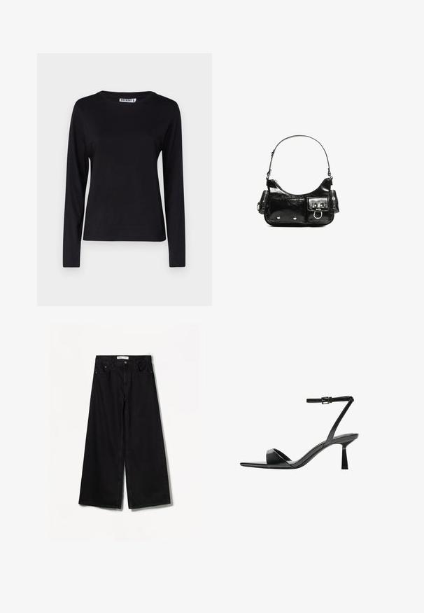 Czarna koszulka z długim rękawem i okrągłym dekoltem, wykonana z miękkiej bawełny, charakteryzująca się prostym designem z minimalną liczbą szwów i bez widocznych grafik.; Bershka WIDE czarny; Bershka - Sandały na obcasie; Czarna torebka z lakierowanej skóry o zaokrąglonym kształcie, z jednym paskiem na ramię, przednimi kieszeniami i akcentami w kolorze srebrnym.