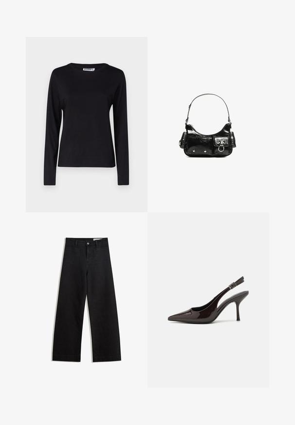 Langærmet, rundhalset sort T-shirt lavet af blødt bomuld, med et enkelt design uden synlige sømme og ingen synlige grafikker.; Sorte wide-leg denim bukser med høj talje, der har front- og baglommer, syede sømme og en knaplukning. Glat tekstur.; Slingback højhælet sko i glat mørkebrun patenteret læder, spids tå, åbne sider og justerbar ankelrem.; Sort patenteret læder håndtaske med en buet form, en skulderrem, frontlommer og hardware accenter i sølvfarve.