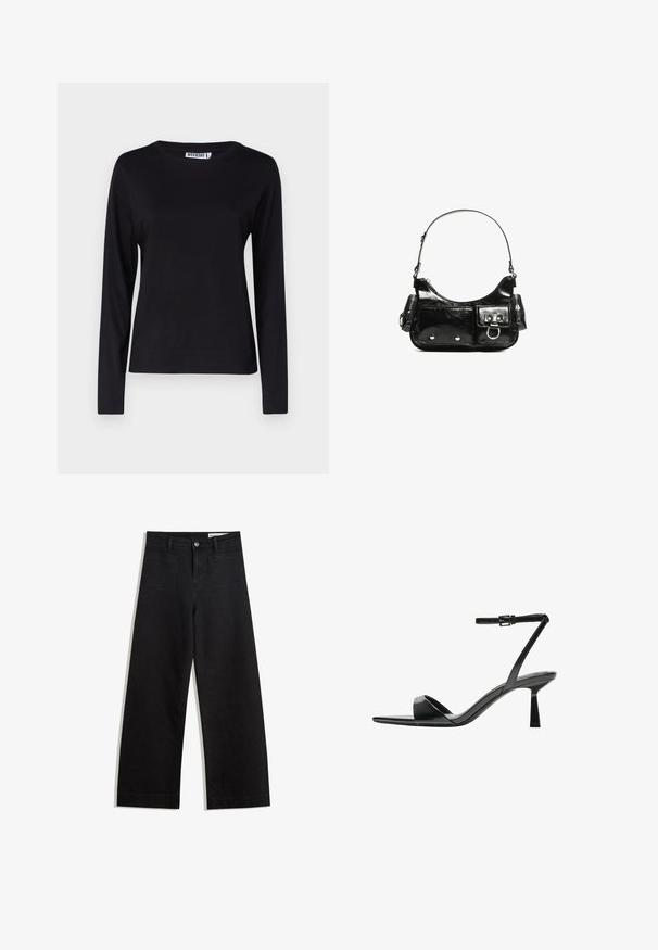 Long-sleeve, round-neck black T-shirt made of soft cotton, featuring a simple design with minimal seams and no visible graphics.; Black wide-leg denim pants with a high waist, featuring front and back pockets, stitched seams, and a button closure. Smooth texture.; Bershka High heeled sandals - black; Black patent leather handbag with a curved shape, one shoulder strap, front pockets, and silver-tone hardware accents.