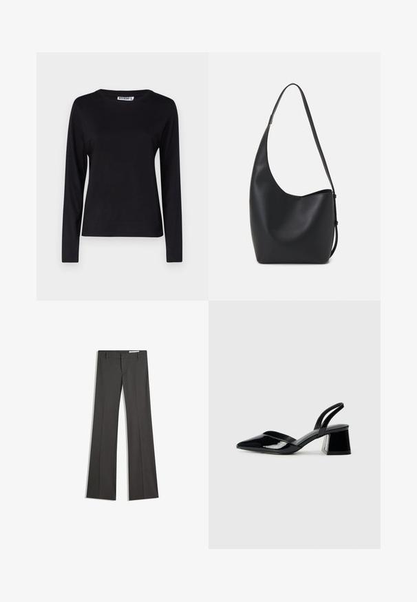 Long-sleeve, round-neck black T-shirt made of soft cotton, featuring a simple design with minimal seams and no visible graphics.; Gray flared trousers in a smooth fabric, featuring a flat front, belt loops, and a tailored design with clean lines.; Black patent leather slingback heels with a pointed toe and a geometric block heel. Features a sleek, minimal design and smooth texture.; Black leather hobo bag with a smooth texture, curved shape, and single adjustable strap; features a wide opening at the top.