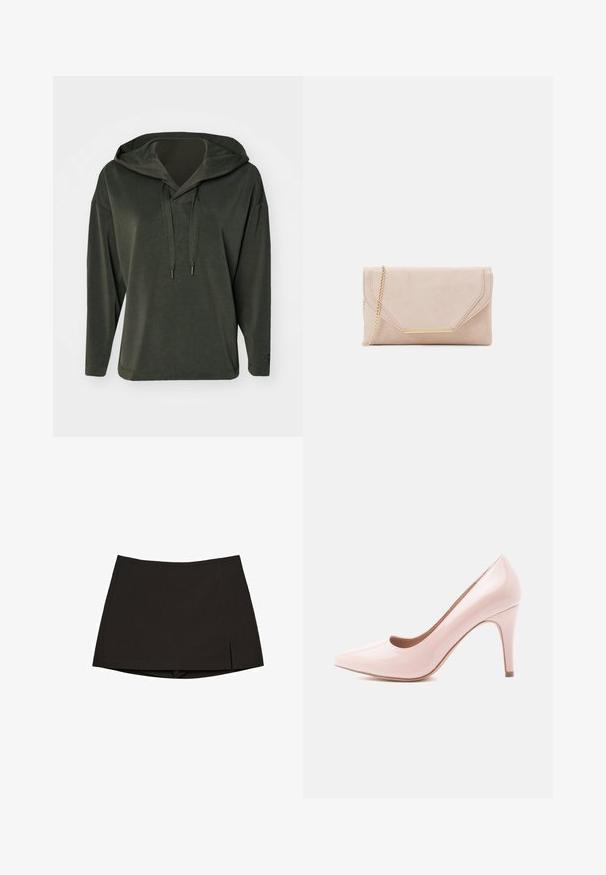 Olivnozeleni kapućon s opuštenim krojem, dugim rukavima i strukturiranim vezanjem. Glatka tkanina s ležernim dizajnom.; Črna mini krilo iz gladkega blaga, s preprostim ravnim krojem, stranskimi razporki in čistim zaključkom spodaj. Enostavno in vsestransko.; Roza patentna usnjena visoka petka s ostrim nosom in elegantno silhueto, ki ima 10-centimetrsko stiletto peto in gladko površino.; Bež mul svinčnik s zlatim verižnim ročajem in pravokotnim okrasnim detajlom. Ima preklopni pokrov z naklonskimi robovi in podrobnostmi šivanja.