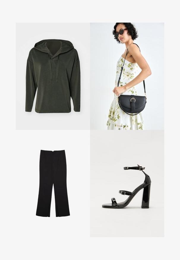 Olijfgroene hoodie met een relaxte pasvorm, lange mouwen en een gestructureerde drawstring sluiting. Glad materiaal met een casual design.; Zwarte broek met een rechte pasvorm, voorzien van zijzakken en plooien aan de onderzijde. Gemaakt van zachte, gladde stof. Geschikt voor verschillende gelegenheden.; Zwarte gepatenteerde sandalen met hak en een vierkante neus, enkelbandjes en zilveren gespen. Heeft een stevige blokhak voor stabiliteit.; Zwarte leren handtas met een gebogen vorm, afneembare schouderband en gouden hardware. De tas heeft een klep met een gespsluiting.