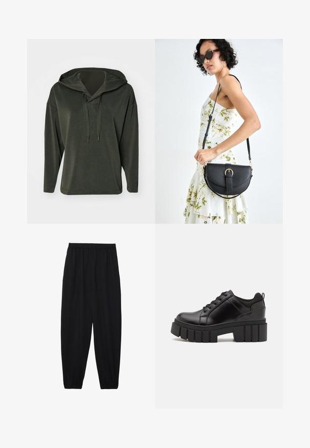 Sudadera con capucha de color verde oliva, con un ajuste relajado, mangas largas y un cordón de cierre texturizado. Tejido suave con un diseño casual.; Pantalones negros, ligeros, con cintura elástica y tobillos fruncidos. La tela es suave y presenta un diseño relajado y ajustado.; Zapatos de plataforma de cuero negro con un tacón cuadrado grueso, punta redonda y diseño tradicional de cordones. Presenta una textura suave y un detalle minimalista.; Bolso de piel negra con forma curva, correa desmontable y herrajes dorados. El bolso cuenta con una solapa con un detalle de hebilla.