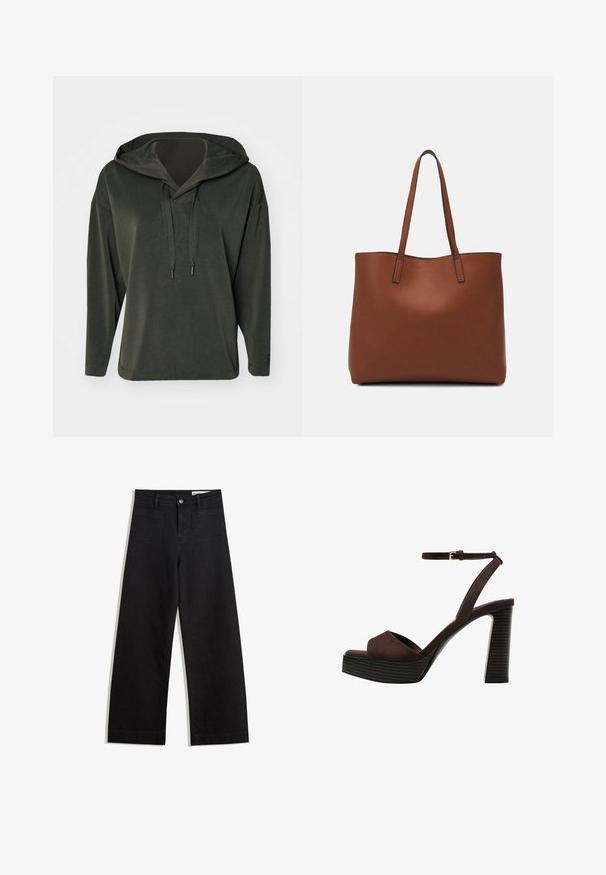 Olive green hooded sweatshirt with a relaxed fit, long sleeves, and a textured drawstring closure. Smooth fabric with a casual design.; Black wide-leg denim pants with a high waist, featuring front and back pockets, stitched seams, and a button closure. Smooth texture.; Brown suede high-heeled sandal with an open toe, adjustable ankle strap, and a striped platform sole.; Brown leather tote bag with a smooth texture, open top design, and two shoulder straps. Features minimal stitching and no visible hardware.