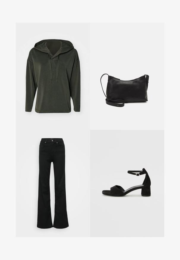 Olivenfarget hettegenser med avslappet passform, lange ermer og teksturert snøring. Glatt stoff med et uformelt design.; Svarte utsvingte jeans laget av denim, med høy midje, fem lommer og metallknapplukking. Glatt tekstur med minimal detaljering.; Sorte semskede hælede sandaler med en tynd ankelrem, åbent tådesign og en beskeden blokhæl. Glat tekstur og minimale accenter.; Svart skinn skulderveske med glatt tekstur, buet form, justerbar stropp og glidelås. Minimalistisk design uten dekorasjoner.