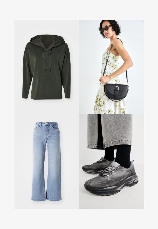 Olijfgroene hoodie met een relaxte pasvorm, lange mouwen en een gestructureerde drawstring sluiting. Glad materiaal met een casual design.; Lichtblauwe hoge taille wijde pijpen jeans met voor- en achterzakken, knoopsluiting en subtiele vervagingen op de dijen en zomen.; Zwarte en grijze sport schoenen hebben een mesh bovenkant, dikke zolen en veters. Ze hebben een ronde neus en zichtbare dempingsdetails.; Zwarte leren handtas met een gebogen vorm, afneembare schouderband en gouden hardware. De tas heeft een klep met een gespsluiting.