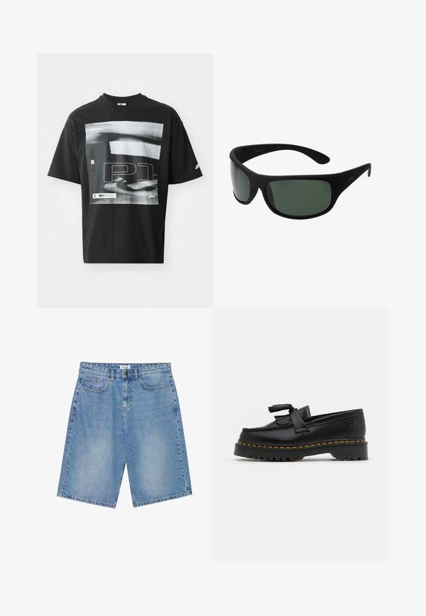 T-shirt preta em algodão com uma impressão gráfica que inclui elementos de texto, como "FORMULA 1 RACING" e "P1". Gola redonda e mangas curtas.; Bermudas de denim em azul claro com corte reto, design de cinco bolsos e costura em contraste. Apresenta um fecho com botão e zip.; Mocassim de couro preto com um detalhe de franjas, apresentando uma sola preta robusta e costura amarela ao longo da borda. Acabamento texturizado.; Óculos de sol envolventes pretos com lentes verde-escuras. Acabamento matte, design curvo, com hastes retas e uma marcação sutil de lado.