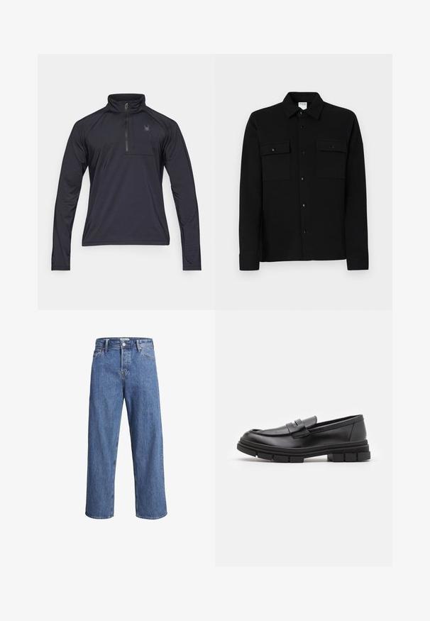 Pullover nero a maniche lunghe con zip a quarto, realizzato in tessuto leggero e testurizzato. Presenta una piccola tasca sul petto e un logo ricamato.; Camicia nera con bottoni, realizzata in tessuto liscio, dotata di due tasche sul petto, colletto a punta e polsini con bottoni. Design semplice con dettagli minimi.; Jeans in denim blu chiaro con una vestibilità dritta, vita alta e dettagli di cucitura minimi. Il tessuto ha una texture morbida e leggermente sbiadita.; Mocassini in pelle nera con finitura liscia, dotati di un dettaglio di cinturino anteriore e di una suola in gomma spessa con accenti scanalati.