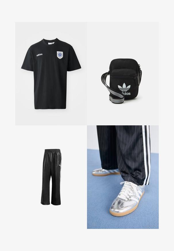 T-shirt nera a maniche corte in cotone, con colletto rotondo. Include il logo Adidas bianco e una patch con un emblema blu sul lato sinistro del petto.; Pantaloni da corsa neri in materiale sintetico con vita elasticizzata, caratterizzati da strisce laterali bianche e un piccolo logo bianco sull'anca sinistra.; Sneakers metallici argentati con lacci bianchi e tre strisce bianche, abbinati a pantaloni neri a righe sottili. Accent legato alla suola in gomma.; Borsa a tracolla in tessuto nero con chiusura a zip, caratterizzata da un logo Adidas bianco e una tracolla regolabile a righe per un facile trasporto.