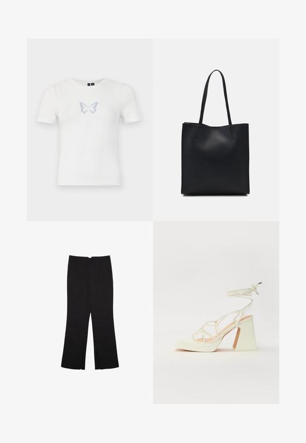 Bijela pamučna majica kratkih rukava s dizajnom plave leptirice izrađenim od malih rhinestone-a na prsima. Okrugli izrez.; Crne hlače ravnog kroja, s prednjim džepovima i bočnim prorezima na rubu. Izrađene od mekog i glatkog materijala. Pogodne za razne prigode.; Bijela sandala na visokoj potpetici s debelim petom, s remenom i vezanjem oko gležnja. Glatka tekstura s platformom sprijeda za dodatnu visinu.; Crna kožna torba za nošenje s glatkom teksturom, pravokutnim oblikom i dvije duge ručke. Nema vidljivih metalnih dijelova ili ukrasa.