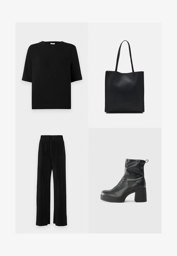 Svart bomull T-skjorte med korte ermer, rund hals og avslappet passform. Glatt tekstur og enkel, minimalistisk design. Ingen mønstre eller detaljer.; Sorte plisserte bukser med elastisk midje. Har vide ben og et glatt, strukturert stoff med vertikale striper.; Svarte ankelstøvler laget av glatt lær, med glidelås på siden, chunky strukturert hæl, og rund tå-design.; Svart lær tote bag med glatt tekstur, rektangulær form og to lange håndtak. Ingen synlige deler eller dekorasjoner.