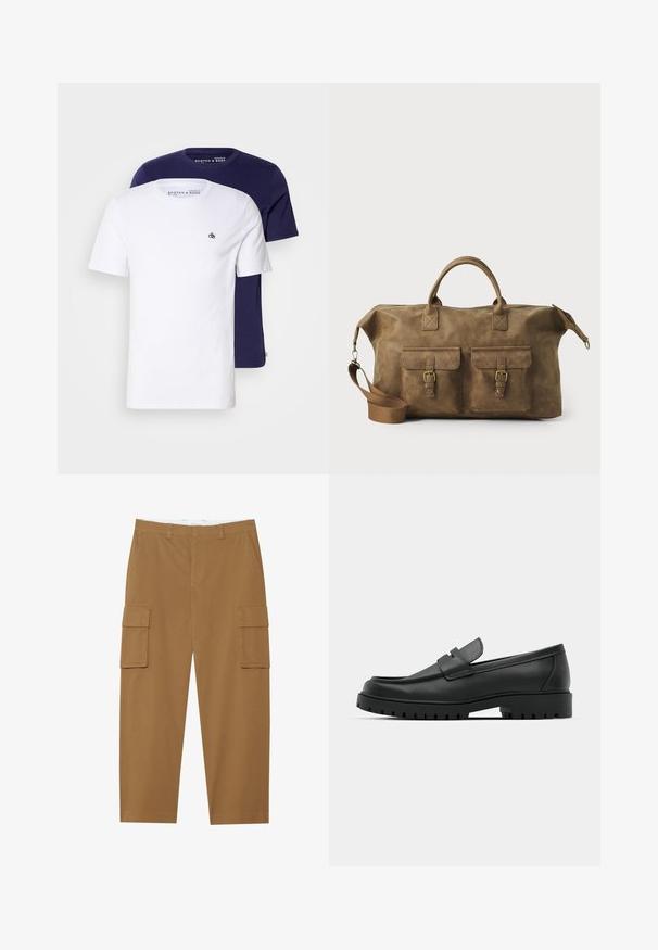 Two crew neck t-shirts in white and navy, made of cotton. Both feature short sleeves and a small logo on the chest of the white shirt.; Brown cargo pants with two side pockets, a flat front, and a straight leg cut. Made from a durable fabric with a smooth texture.; Black leather loafers with a rounded toe, featuring a stitched design, low platform sole, and a textured, lugged rubber outsole.; Brown leather duffel bag with two front pockets, adjustable shoulder strap, gold hardware, and sturdy top handles. Smooth texture.