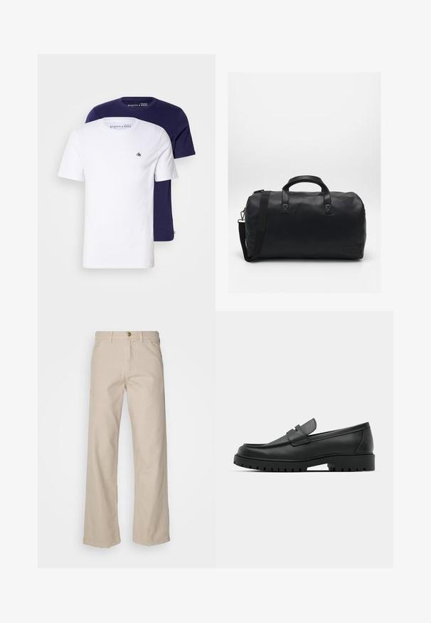 Two crew neck t-shirts in white and navy, made of cotton. Both feature short sleeves and a small logo on the chest of the white shirt.; Beige cotton wide-leg trousers with five pockets, a button closure, and belt loops; smooth texture with a straight cut and hem.; Black leather loafers with a rounded toe, featuring a stitched design, low platform sole, and a textured, lugged rubber outsole.; Black duffel bag made of textured synthetic material. Features two handles and an adjustable shoulder strap. Simple design with no visible patterns.