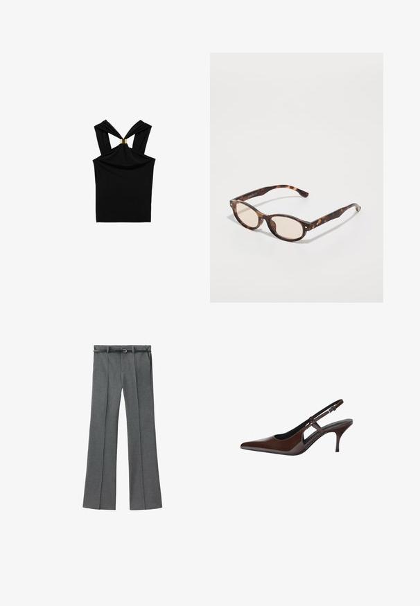 Schwarzes ärmelloses Top mit einem verdrehten Rückendesign und einem goldenen Akzent am Halsauschnitt. Hergestellt aus weichem, dehnbarem Stoff mit glatter Textur.; Graue maßgeschneiderte Hose mit geradem Beinschnitt, leichtem Stoff, Gürtelschlaufen und einem schmalen Gürtel mit einer silbernen Schnalle.; Braune Lackleder-Slingback-Pumps mit spitzem Zeh, offenen Ausschnitten und dünnem Absatz. Mit verstellbarem Schnallenriemen.; Schildkrötenmuster Sonnenbrille mit runder Form und leichten Gläsern. Verfügt über stabile Bügel mit kleinen goldenen Akzenten, hergestellt aus Kunststoff.; Dunkelbraune Leder-Tote mit zwei stabilen Griffen, einer gerafften Oberseite und einem Verschluss aus goldfarbenem Metall. Strukturierte Oberfläche mit minimalen Akzenten.