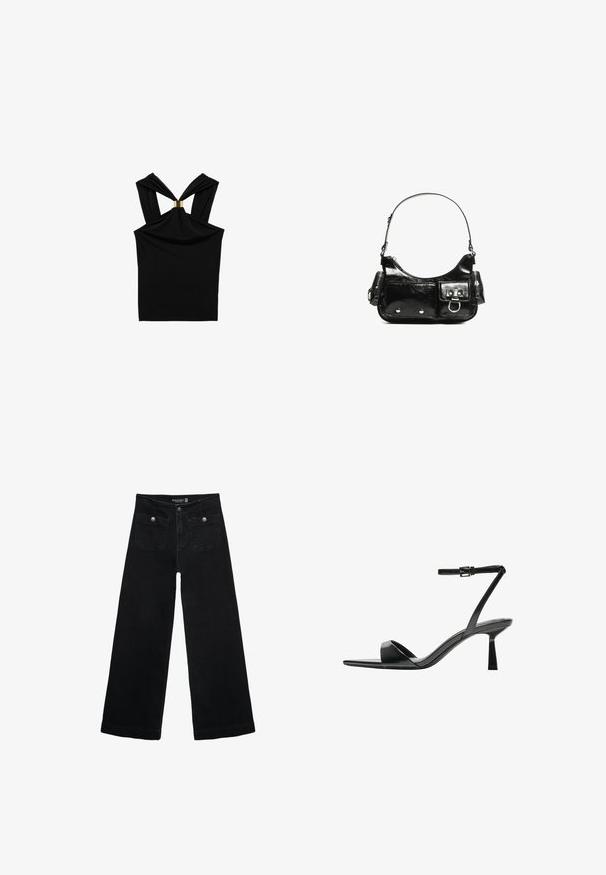 Schwarzes ärmelloses Top mit einem verdrehten Rückendesign und einem goldenen Akzent am Halsauschnitt. Hergestellt aus weichem, dehnbarem Stoff mit glatter Textur.; Schwarze, weit geschnittene Jeans mit hoher Taille, die zwei Fronttaschen und metallene Knopfakzente aufweist. Der Stoff hat eine glatte Textur.; Bershka High Heel Sandalette - black; Schwarze Lackleder-Handtasche mit geschwungenem Design, einem Schulterriemen, Vordertaschen und silberfarbenen Hardware-Akzenten.