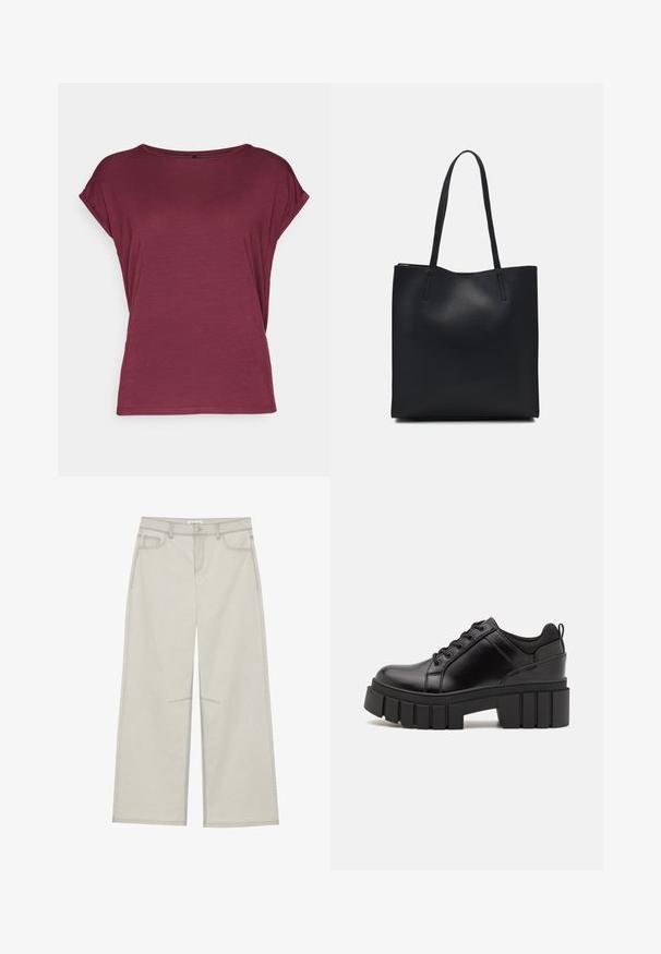 Vero Moda VMAVA PLAIN - T-shirt basic - port royale; Lichtgrijze wijde broek met vijf zakken, sluiting met een knoop aan de voorkant en contrasterende stiksels langs de naden. De stof lijkt zacht en duurzaam te zijn.; Zwarte leren platform schoenen met een stevige blokhak, ronde neus en een traditionele vetersluiting. Kenmerkt zich door een gladde textuur en minimale details.; Zwarte leren handtas met een gladde textuur, rechthoekige vorm en twee lange handvaten. Geen zichtbare hardware of versieringen.