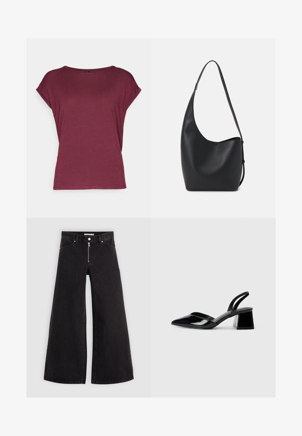 Vero Moda VMAVA PLAIN - Navadna majica - port royale; Široke traperice iz črnega denima z zadrgo spredaj, petimi žepi in diskretnimi šivi. Gladka tekstura in ležeren slog.; Črne lakirane slingback pete s koničastim nosom in geometrijsko blokasto peto. Imajo eleganten, minimalističen dizajn in gladko teksturo.; Črna usnjena hobo torba z gladko teksturo, ukrivljeno obliko in eno nastavljivo naramnico; ima širok odprtina na vrhu.