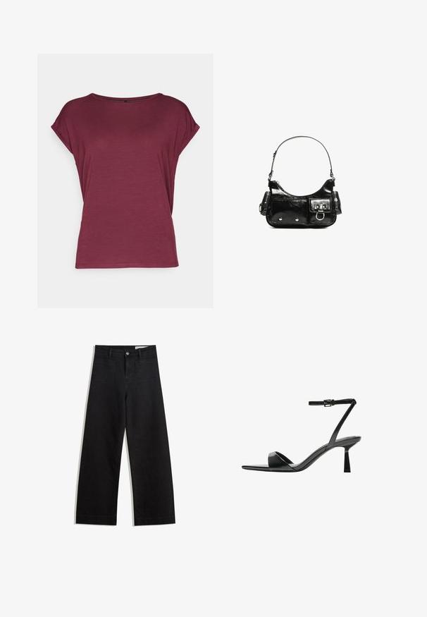 Vero Moda VMAVA PLAIN - Tricou basic - port royale; Pantaloni din denim negri cu picioare largi, cu talie înaltă, având buzunare frontale și posterioare, cusături dublate și închidere cu nasture. Textură netedă.; Bershka Sandale cu toc - black; Geantă de mână din piele lăcuită neagră, cu o formă curbată, un umăr, buzunare frontale și accente din metal argintiu.