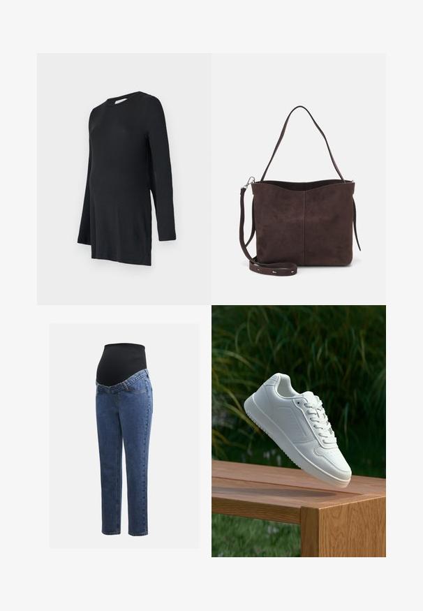 Fekete, hosszú ujjú top ribbed textúrával, kerek nyakkivágással és oldalsó hasítékokkal. Kifejezetten a kényelem érdekében készült terhesség alatt.; Kismamaruhák kék farmer lábakkal és fekete rugalmas haspanellel, amely a növekvő pocakot támogatja és fedi.; Fehér sportcipő sima szintetikus felsőrésszel, perforált lábujjrész, lapos fűzőkkel és texturált talppal, fából készült felületen kihelyezve.; Barna velúrbőr táska puha tapintással, egyetlen vállpánttal és finoman ívelt felső nyitással. Nincs látható fémrész.