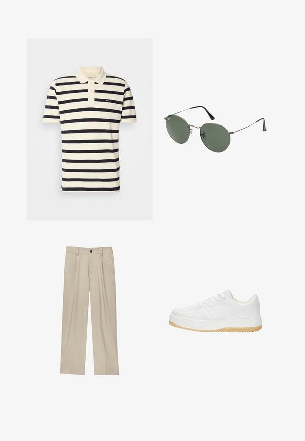 Stribet polo-shirt i creme og marineblå, lavet af bomuld. Har en krave, to-knap placket og broderet logo på brystet.; Beige bukser med lige snit, der har en enkelt sort knap, bæltestropper og sidelommer. Glat stoftekstur og minimalistisk design.; Hvide lædersneakers med struktureret finish, der har en gummisål, snørebåndsdesign og diskrete stribedetaljer på siderne.; Metalrammede solbriller med ovale grønne linser. Tynd sølvmetalramme og sorte ørepropper. Minimalistisk design, ingen synlige logoer.