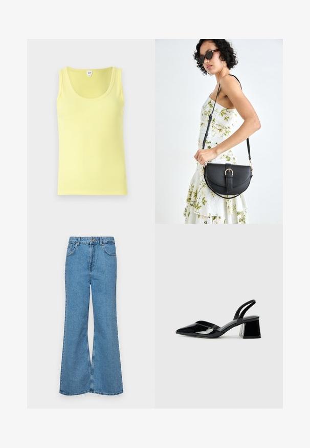 Yellow ribbed tank top with a round neckline, sleeveless design, and a straight hem. Label displayed at the center top.; Light blue flared jeans made of denim, featuring a high waist, five pockets, and a single button closure. Soft texture with faded finish.; Black patent leather slingback heels with a pointed toe and a geometric block heel. Features a sleek, minimal design and smooth texture.; Black leather handbag with a curved shape, detachable strap, and gold hardware. The bag features a flap with a buckle detail.