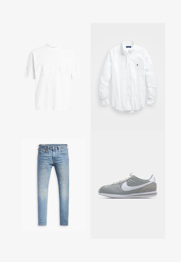 Camiseta de algodón blanca con mangas cortas y cuello redondo. Presenta un logotipo texturizado "A.SAINTS" y "LONDON" en la parte delantera en un estilo sutilmente en relieve.; Camisa blanca de manga larga de algodón con botones. Presenta un cuello clásico, puños con botones y un pequeño logo bordado en azul marino en el pecho.; Jeans ajustados de color azul claro con un ligero desgaste en los muslos, cierre frontal con botón, trabillas para cinturón y estilo de cinco bolsillos sobre un fondo blanco.; Zapatilla deportiva gris con parte superior de ante y textil, swoosh blanco de Nike y cordones blancos. Presenta una suela de goma texturizada y un collar acolchado.