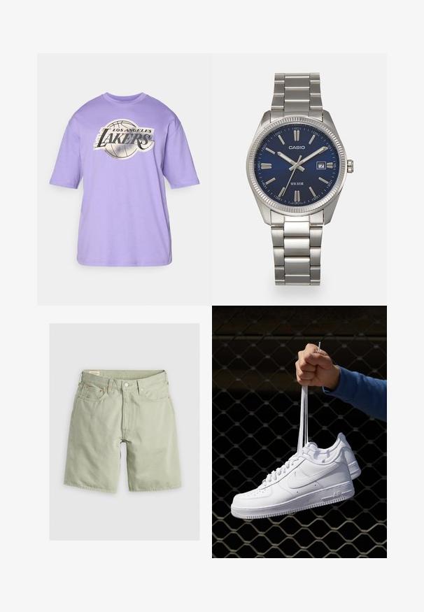 Λιλά κοντομάνικο μπλουζάκι με στρογγυλή λαιμόκοψη και κεντρικό γραφικό που απεικονίζει μια μπάλα μπάσκετ και το κείμενο "Los Angeles Lakers" σε μαύρο και ασημί χρώμα.; Ανοιχτοπράσινα τζιν σορτς με ίσια γραμμή, πέντε τσέπες και υλικά σε χάλκινο τόνο. Διαθέτουν ραφές κατά μήκος του στριφώματος και της ζώνης.; Λευκά δερμάτινα αθλητικά παπούτσια με διάτρητο σχέδιο, στρογγυλή μύτη, επίπεδη σόλα και χοντρές κορδόνες, με εμφάνιση του λογότυπου swoosh και την ένδειξη "AIR" στη φτέρνα.; Ασημένιο ρολόι χειρός από ανοξείδωτο ατσάλι με ναυτικό μπλε καντράν, μεταλλικούς δείκτες ωρών και παράθυρο ημερομηνίας στις 3 η ώρα. Αδιάβροχο έως 50 μέτρα.