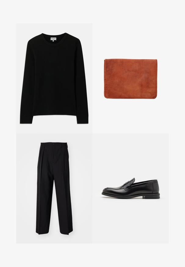 Čierna dlhá rukávová rebrová pletená košeľa s okrúhlym výstrihom, označená Paul & Joe Paris, veľkosť stredná, vystavená na bielom pozadí.; Čierne skladané nohavice s rovnom, širokým strihom. Vyrobené z hladkého materiálu, s gombíkovým zapínaním a pútkami na opasok.; Čierne kožené mokasíny s hladkou textúrou, zaoblenou špičkou a dekoračným pásikom cez priehlavok. Nízky vrstvený opätok, minimalistický dizajn.; Hnedá kožená portfolio s hladkým povrchom, obdĺžnikovým tvarom a viditeľným šitím pozdĺž okrajov. Bez hardvéru alebo vzorov.