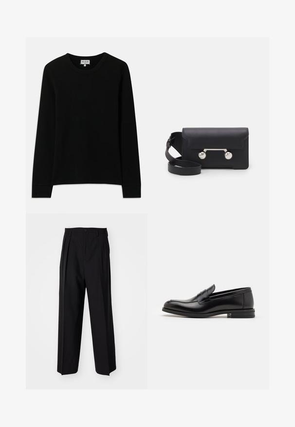 Musta pitkähihainen ribbikudottu paita, jossa on pyöreä pääntie, merkiltä Paul & Joe Paris, koko medium, esillä valkoisella taustalla.; Mustat laskostetut housut, joissa on suora, leveä lahje. Valmistettu sileästä kankaasta, jossa on nappisuljenta ja vyölenkit.; Mustat nahkakengät, joissa on sileä pinta, pyöreä kärki ja koristeellinen nauha jalkapöydän yli. Matala pinoitu koroke, minimalistinen muotoilu.; Mustan nahkainen olkalaukku, jossa on läppäkiinnitys, hopeanväriset yksityiskohdat ja kaksi pyöreää koristetta. Varustettu irrotettavalla hihnalla. Sileä pinta.