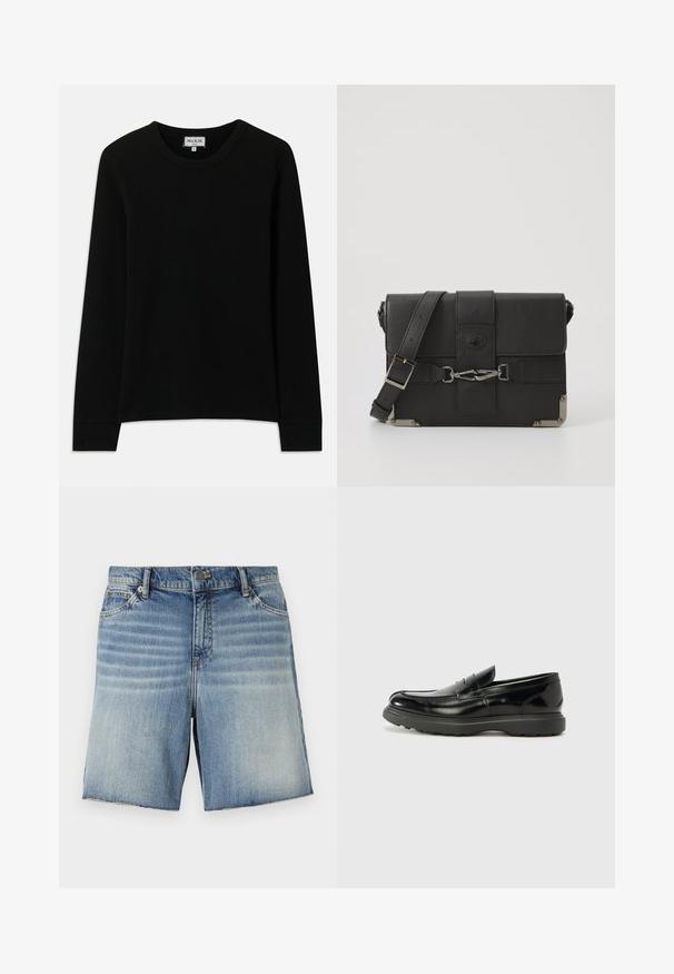 Zwarte, langharige geribbelde trui met ronde hals, gelabeld Paul & Joe Paris, maat medium, gepresenteerd op een witte achtergrond.; Leren denim shorts in lichtblauwe wassing met een vervaagd ontwerp, vijf zakken stijl en een rauwe zoomafwerking. Bevat een metalen knoop en een rits.; Zwarte leren instapper met een glanzende afwerking, een ronde neus, subtiele stiksels en een dikke rubberen zool voor duurzaamheid.; Zwarte lederen schoudertas met een gestructureerde afwerking, metalen hardware accenten, verstelbare band en een klepafsluiting met gespspecificaties.