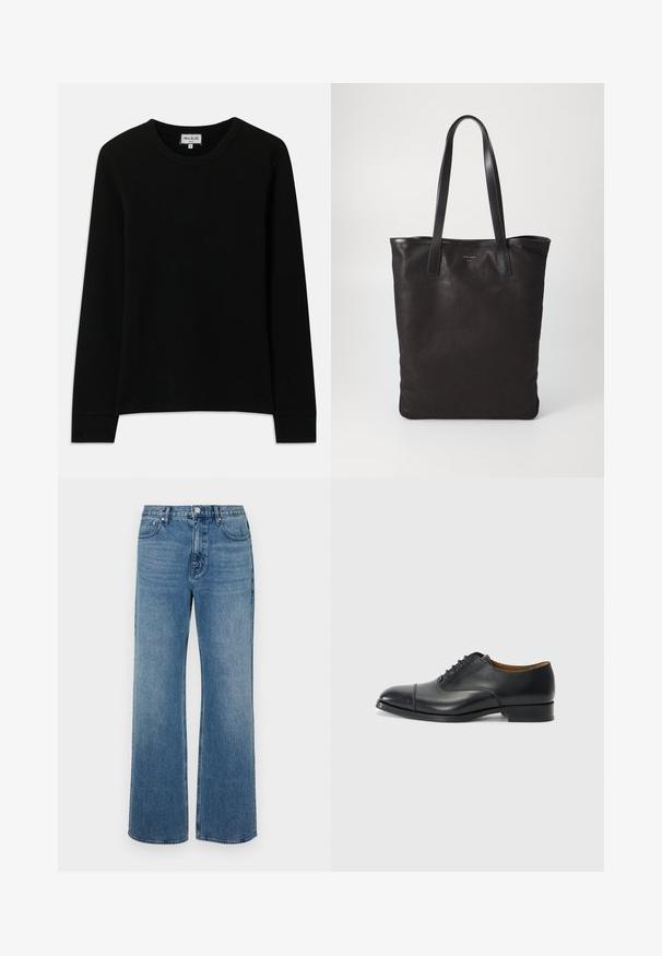Schwarzes Langarm-Shirt aus geripptem Strick mit Rundhalsausschnitt, Etikett Paul & Joe Paris, Größe M, auf einem weißen Hintergrund dargestellt.; Weite blaue Jeans aus Denim mit einem verblassten Finish. Verfügt über fünf Taschen, einen Frontknopfverschluss und einen geraden Schnitt.; Schwarze Lederoberlederschuhe mit glatter Oberfläche, abgerundetem Zeh, fünf Ösen für die Schnürsenkel und niedrigem Blockabsatz. Minimalistisches Design mit feinen Nähten.; Schwarze Stofftote mit schwarzen Ledergriffen. Einfaches Design, geräumiger Körper und glatte Textur. Keine sichtbaren Logos oder Muster.