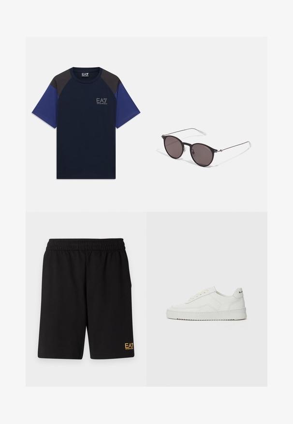 Námořnické modré tričko s černými ramenními panely a modrými rukávy, se znakem EA7 Emporio Armani na levé hrudi.; Černé sportovní šortky vyrobené z měkké látky, s elastickým pasem a malým žlutým logem EA7 na dolní části levé nohy.; Bílé kožené tenisky s hladkým povrchem, kulatou špičkou, plochými tkaničkami a texturovanou podrážkou. Na patě se nachází nenápadné logo.; Černé kulaté sluneční brýle s tmavými skly a tenkými kovovými nohami. Obsahují průhledné koncovky nožiček a stříbrné akcenty na pantu. Minimalistický design.