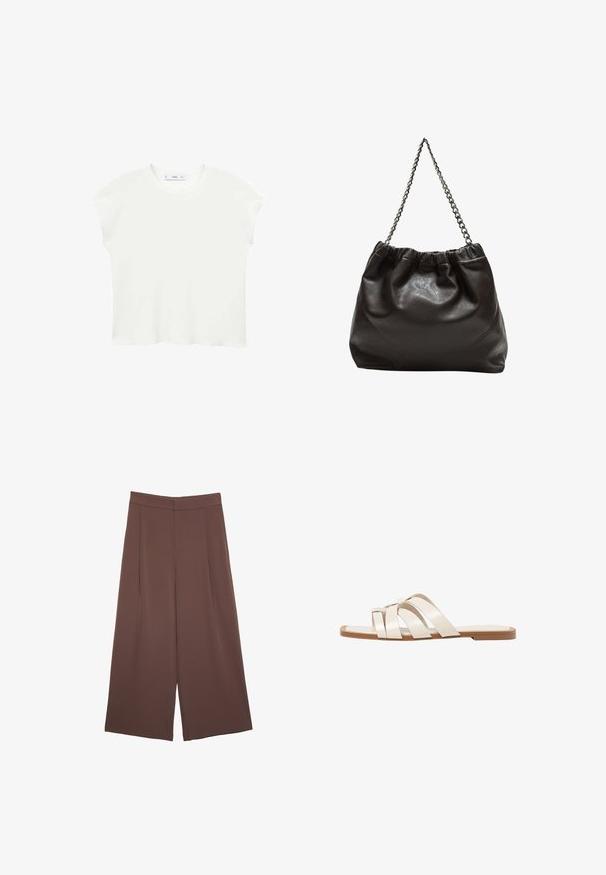 Hvid kortærmet t-shirt med rund halsudskæring, blød tekstur og en afslappet pasform. Let buet kant forneden tilføjer et afslappet præg.; Brune bredbunde bukser med en glat tekstur, der har høj talje og plisseringer foran. Stoffet er let og falder løst.; Flade sandaler med en lys gummisål, designet med tre overlappende hvide læderremme og en lille sløjfe detalje i midten.; Brun lædertaske med en rynket top og en kædestrop. Glat tekstur med en blank finish og subtile sømdetaljer på siderne.