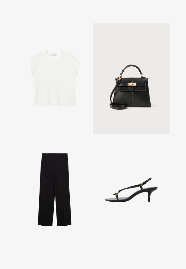 T-shirt bianco a maniche corte con scollatura rotonda, texture morbida e vestibilità rilassata. L'orlo leggermente curvo aggiunge un tocco informale.; Pantaloni neri a gamba larga in tessuto morbido, con pieghe nella parte frontale e tasche laterali, progettati con una linea dritta e comoda.; Sandal con zeppa kitten nera in pelle, con sottili cinturini, fibbia dorata e una minimalista fascetta per le dita su sfondo bianco.; Borsa a tracolla in pelle nera con un design strutturato, manico superiore, tracolla rimovibile e hardware color oro su una chiusura magnetica.