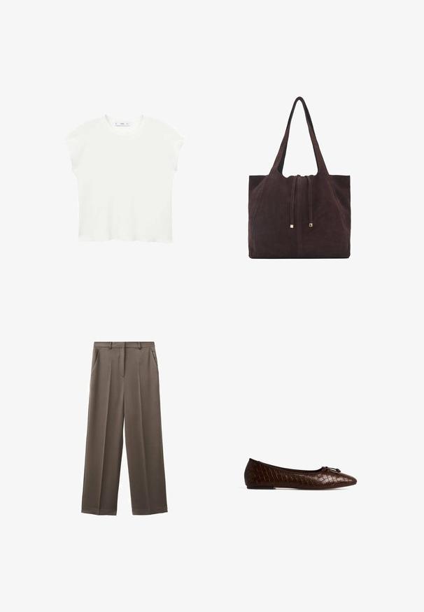 Hvid kortærmet t-shirt med rund halsudskæring, blød tekstur og en afslappet pasform. Let buet kant forneden tilføjer et afslappet præg.; Bukser med vide ben i et afdæmpet brunt stof med en glat tekstur, der har to forlommer og en skræddersyet linning.; Brune vævet læderballerina med rund tå, dekorativ sløjfe og flad sål. Den teksturerede overflade tilbyder en subtil mønsterdetalje.; Mango Shopping bags - dark brown