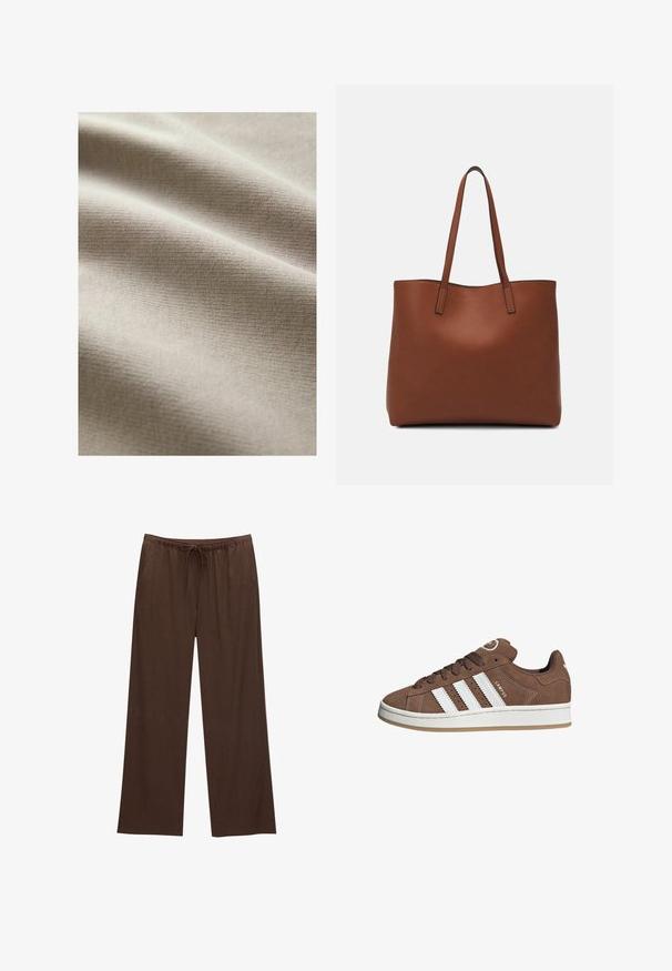 Béžová látka s hladkým, texturovaným povrchem, vykazující jemné horizontální pruhy a vrásky, což naznačuje měkkost a flexibilitu.; Hnědé široké kalhoty vyrobené z měkkého materiálu, s elastickým pasem na šňůrku a dvěma bočními kapsami.; Hnědé semišové tenisky s bílými koženými pruhy, gumovou podrážkou, kulatou špičkou a šněrováním vpředu. Mají logo na jazyku a perforované detaily.; Hnědá kožená taška přes rameno s hladkou texturou, otevřeným designem a dvěma ramenními popruhy. Obsahuje minimální švy a žádné viditelné kovové prvky.