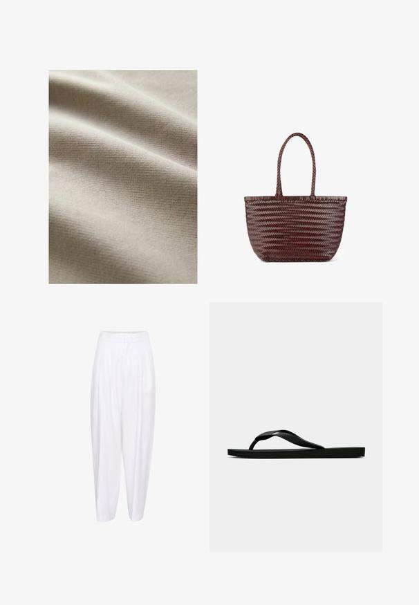 Béžová tkanina s hladkým, štruktúrovaným povrchom, s jemnými horizontálnymi líniami a vráskami, ktoré naznačujú jemnosť a flexibilitu.; Biele ľanové nohavice s vysokým pásom, prednými plisovaním a voľným strihom, úzko sa zužujú k členku. Hladká textúra, bez vzorov.; Čierne gumené žabky s textúrovaným popruhom a jednoduchou plochou podrážkou, zobrazené z boku na jednofarebnom svetlom pozadí.; L37 FIND A WAY OUT - Kabelka - bronze
