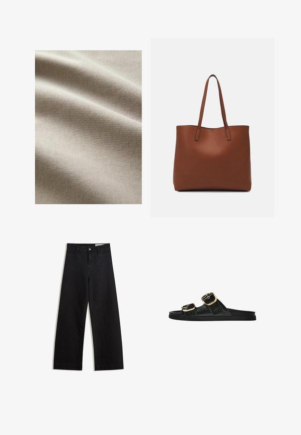 Tessuto beige con una superficie liscia e strutturata, che mostra sottili linee orizzontali e pieghe, indicando morbidezza e flessibilità.; Pantaloni in denim neri a gamba larga con vita alta, dotati di tasche anteriori e posteriori, cuciture a punto, e chiusura con bottone. Texture liscia.; Infradito neri con due accenti di fibbia dorata, materiale dalla texture liscia, suola piatta e design minimalista.; Borsa tote in pelle marrone con texture liscia, design con apertura superiore e due spallacci. Presenta cuciture minime e nessun hardware visibile.