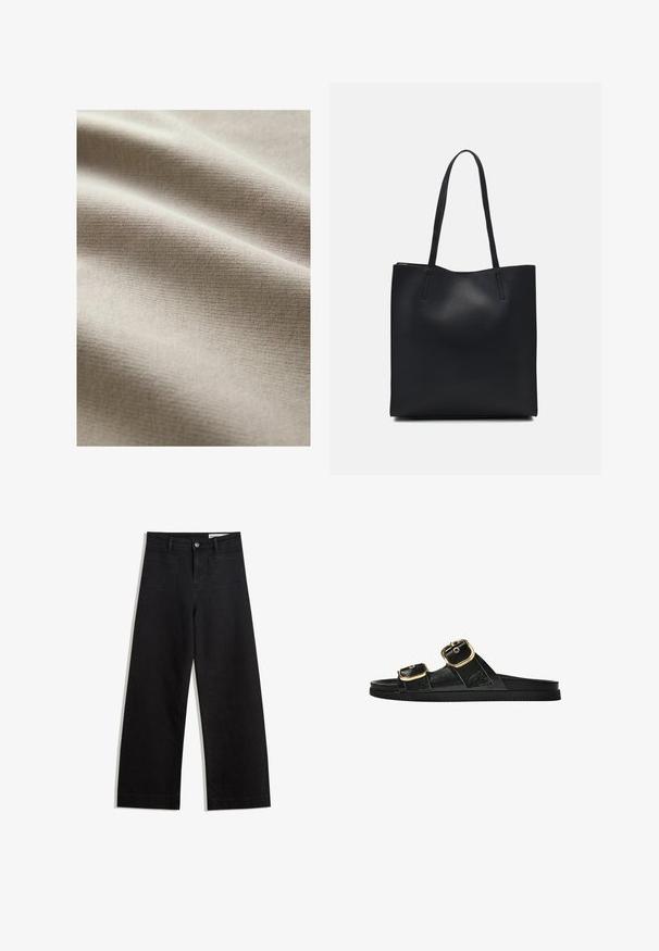 Beige stof med en glat, tekstureret overflade, der viser subtile vandrette linjer og rynker, hvilket indikerer blødhed og fleksibilitet.; Sorte wide-leg denim bukser med høj talje, der har front- og baglommer, syede sømme og en knaplukning. Glat tekstur.; Sort skridsandal med to guldspænder, glat tekstureret materiale, flad sål og et minimalistisk design.; Sort læder tote taske med glat tekstur, rektangulær form og to lange hanke. Ingen synlig hardware eller udsmykninger.