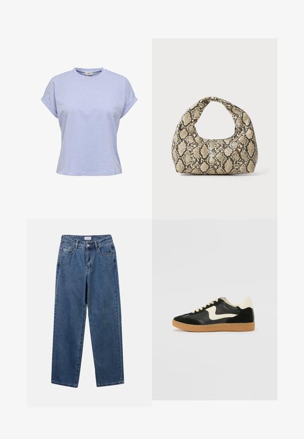 T-shirt a strisce blu chiaro con scollatura rotonda, maniche corte arrotolate e vestibilità rilassata. Realizzato in un tessuto morbido con una texture liscia.; Jeans in denim blu classico con design a gamba dritta, cinque tasche e chiusura con bottone. Presentano un lavaggio medio e una trama robusta.; Sneaker nera in suede e pelle con un sorriso laterale crema e un tallone di un leggero crema. Presenta lacci beige e una suola in gomma color caramello.; Borsa a stampa rettile con manico curvo. Realizzata in materiali testurizzati beige e marroni, presenta un distintivo motivo a rombi.