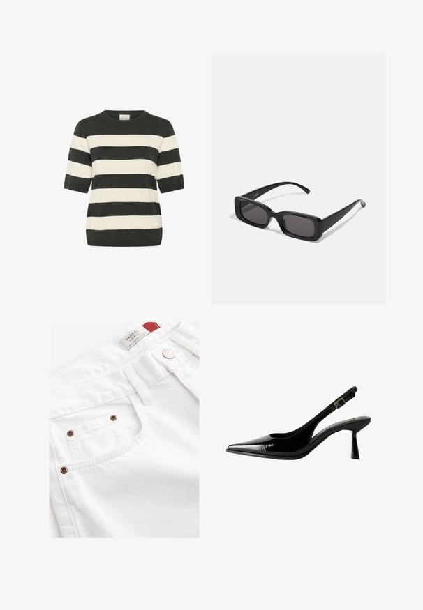 Črtasta kratkodlana pulover v temno sivi in kremni barvi, z okroglim izrezom in sproščenim krojem. Mehak pleten z običajno teksturo z vodoravnimi črtami.; Bele hlače iz belega jeansa s srednjim pasom, petimi žepi in kovinskimi dodatki v bakreni barvi. Teksturna tkanina z našitimi podrobnostmi.; Črne lakirane slingback čevlje s koničastim nosom, izrezanimi stranicami, nastavljivim gležnjarjem in tankim, elegantnim peto.; Črne pravokotne sončna očala z temnimi lečami, sijajna površina, široka ročaja in masiven okvir. Vgravirano ime blagovne znamke na eni ročaji.; Zlata digitalna ura s pravokotnim okvirjem, LCD zaslonom, jeklenim pasom in gumbi na strani. Ima oznako o vodoodpornosti.