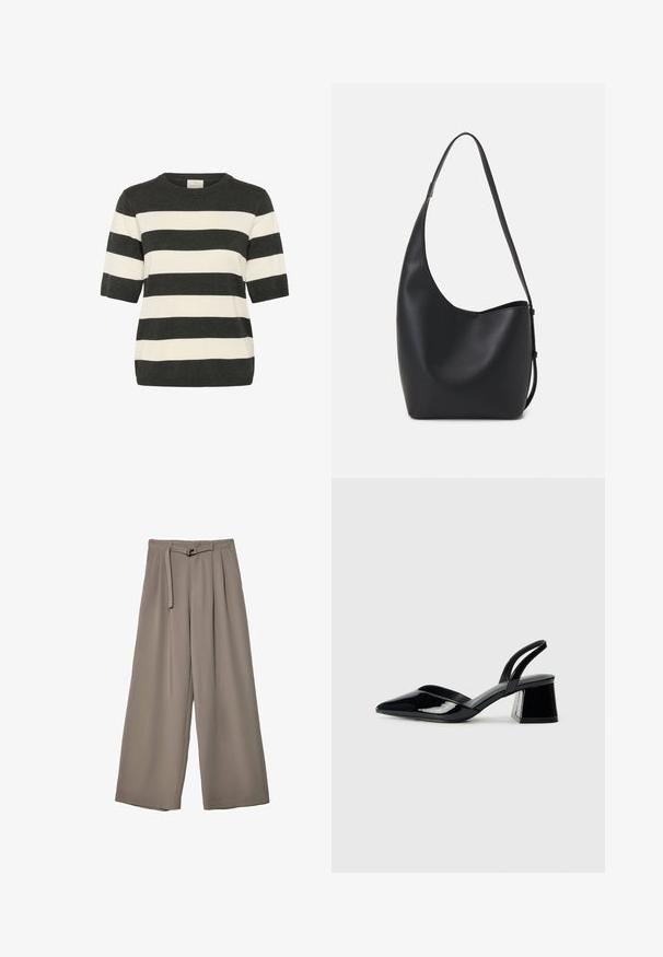 Striped short-sleeve sweater in dark gray and cream, featuring a round neckline and a relaxed fit. Soft knit texture with horizontal stripes.; Wide-leg trousers in a soft, muted grey fabric, featuring a belted waist and pleats for added design detail. Smooth texture, no patterns.; Black patent leather slingback heels with a pointed toe and a geometric block heel. Features a sleek, minimal design and smooth texture.; Black leather hobo bag with a smooth texture, curved shape, and single adjustable strap; features a wide opening at the top.
