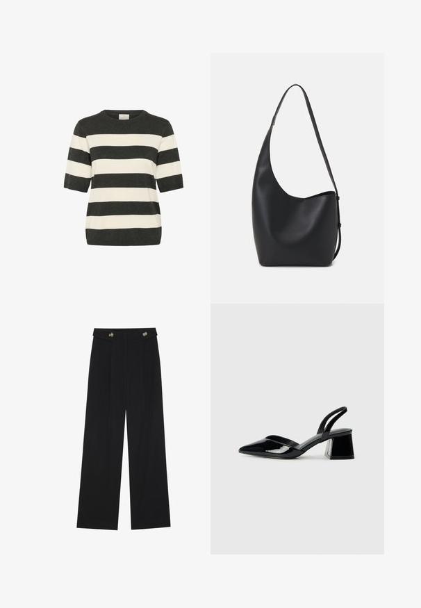 Suéter de manga corta a rayas en gris oscuro y crema, con cuello redondo y un ajuste relajado. Textura de punto suave con rayas horizontales.; Pantalones de pierna ancha negros con cintura alta, detalles de botones en la cinturilla y pliegues en la parte delantera.; Zapatos de tacón slingback de charol negro con punta afilada y tacón geométrico en bloque. Presentan un diseño elegante y minimalista, así como una textura suave.; Bolso tipo hobo de cuero negro con una textura suave, forma curvada y una sola correa ajustable; presenta una amplia apertura en la parte superior.