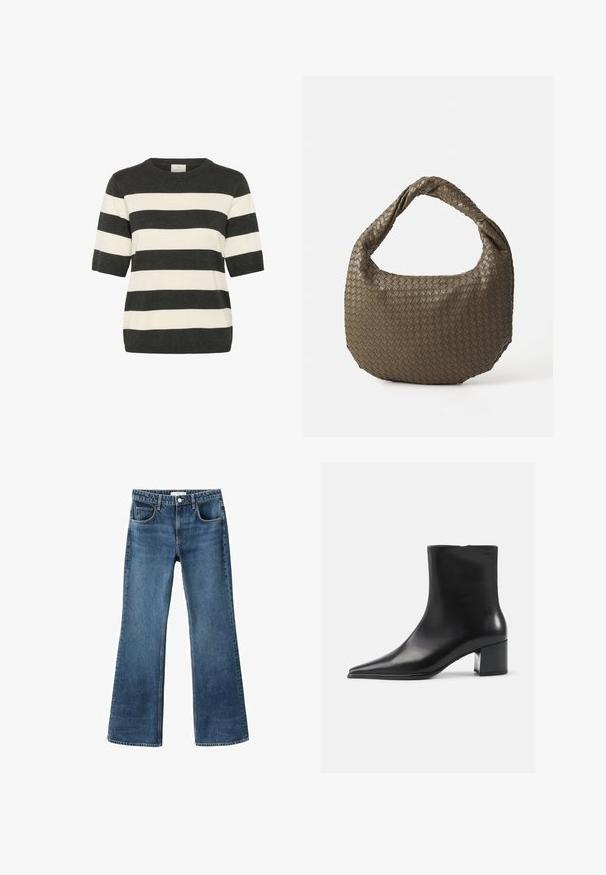 Maglione a maniche corte a righe in grigio scuro e crema, con scollatura rotonda e vestibilità morbida. Morbida trama a maglia con righe orizzontali.; Jeans in denim blu a gamba svasata con vita a media altezza, cinque tasche e texture consumata. Orli rifiniti e chiusura con bottone classica.; Stivaletto in pelle nera con punta appuntita, texture liscia e tacco medio a blocco. Design minimalista, chiusura con zip sul retro.; Borsa in oliva intrecciata con forma arrotondata e manico attorcigliato. La superficie testurizzata presenta un motivo diagonale. Chiusura con cerniera.