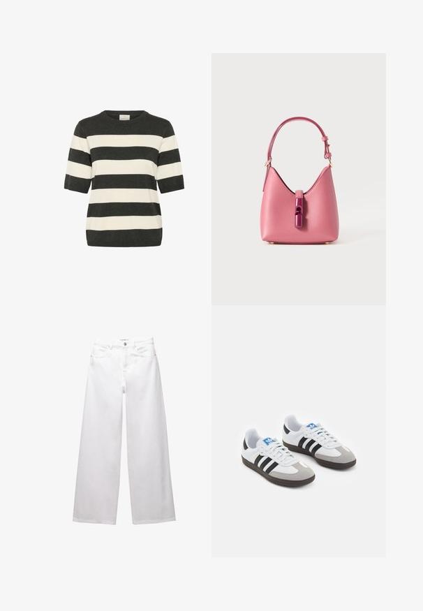 Raidallinen lyhythihainen villapaita tummanharmaana ja kermanvärisenä, jossa on pyöreä pääntie ja rento leikkuu. Pehmeä neulostekstuuri vaakasuorilla raidoilla.; Valkoiset leveät farkut, jotka on valmistettu denimestä. Varustettu nappikiinnityksellä, etu- ja takataskuilla sekä ommelluilla saumoilla. Sujuva pinta, jossa on minimaalinen yksityiskohtaisuus.; Urheilukengät, joissa on valkoinen nahkainen päällinen, harmaa mokkanokka ja kolme mustaa raitaa. Ominaisuuksina sininen logo kielekkeessä ja kuvioitu kumipohja.; Vaaleanpunainen nahkalaukku, jossa on rakenteellinen muoto, kiiltävä suljenta ja yksi säädettävä olkahihna. Rakeinen pinta ja kultainen metalliosat.