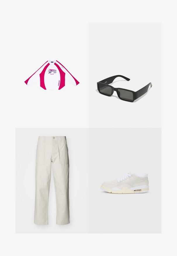 Hosszú ujjú ing fehér alappal, rózsaszín oldalsó paneleként, kerek nyakkal és kék-pink grafikával. Puha, sima szövettextúra.; Világos bézs, bő szárú nadrág, pamutból készült. Elöl zsebekkel és gombos záródással rendelkezik. Simított textúrájú, finom függőleges csíkokkal.; Könnyű bézs szintetikus felsőrésszel, fehér fűzőkkel és látható párnázottsággal rendelkező sportcipők. Simább talppal és diszkrét oldalsó díszítéssel rendelkezik.; Fekete napszemüveg, téglalap alakú lencsékkel, matt műanyag vázzal és egyenes vonalakkal. A belső karon található a márka logója.