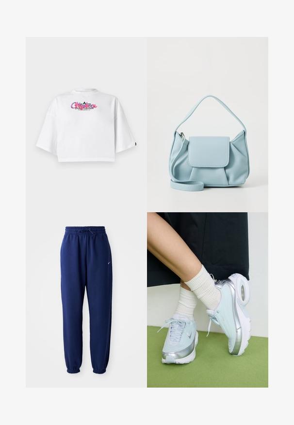 Balts pārgriests T-kreklis ar platām piedurknēm un krāsainu "Alpha Studio Edition" logo uz krūtīm uz vienkārša fona.; Navy zila sporta bikses, izgatavotas no mīksta auduma, ar elastīgu jostu ar auklu, elastīgiem piedurknēm un mazu balto logo.; Gaiši zili sporta apavi ar sudraba akcentiem, teksturēts augšējais pārklājums, mīksts zole un redzama gaisa vienība. Apvienoti ar baltām ribotām zeķēm.; Gaiši zila ādas rokassoma ar augšējo rokturi, priekšējo vāku kabatu un noņemamu roku siksniņu uz baltas fona.