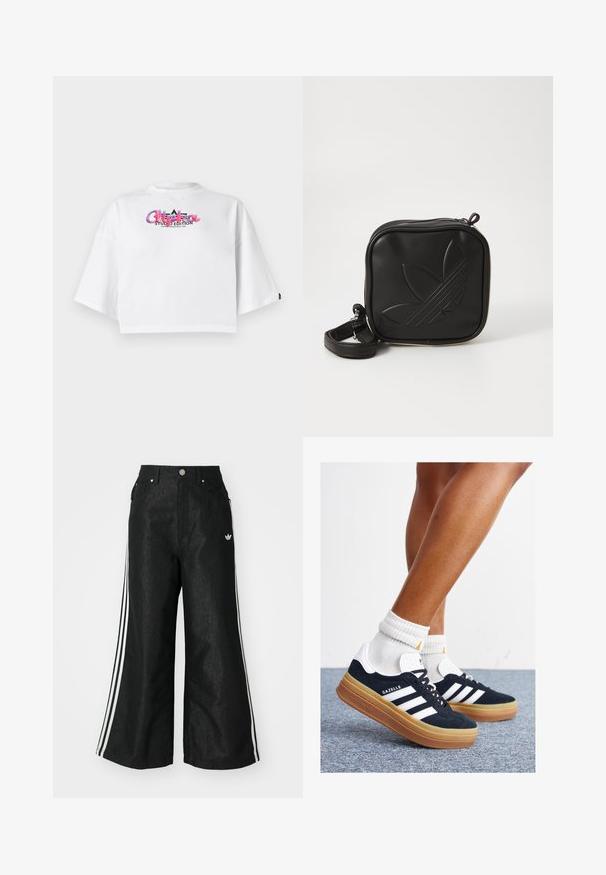 White cropped T-shirt with wide sleeves and colorful "Alpha Studio Edition" logo on the chest against a plain background.; Black wide-leg denim pants with three white stripe accents on each side and a small white logo. Features front pockets and a button closure.; Black suede sneakers with white stripes and accents, rounded toe, gum rubber outsole, paired with white ribbed crew socks.; Black square crossbody bag made of textured synthetic material. Features an embossed logo design and adjustable strap. Zipper closure.